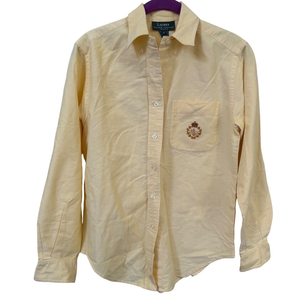Lauren Ralph Lauren Yellow Button Down Shirt Petite 4P Crest Logo Cotton Preppy
